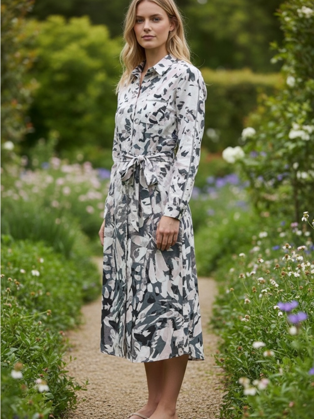 NYDJ Abstract Floral Tie-Waist Long Sleeve Shirt Dress in Grey and White‎